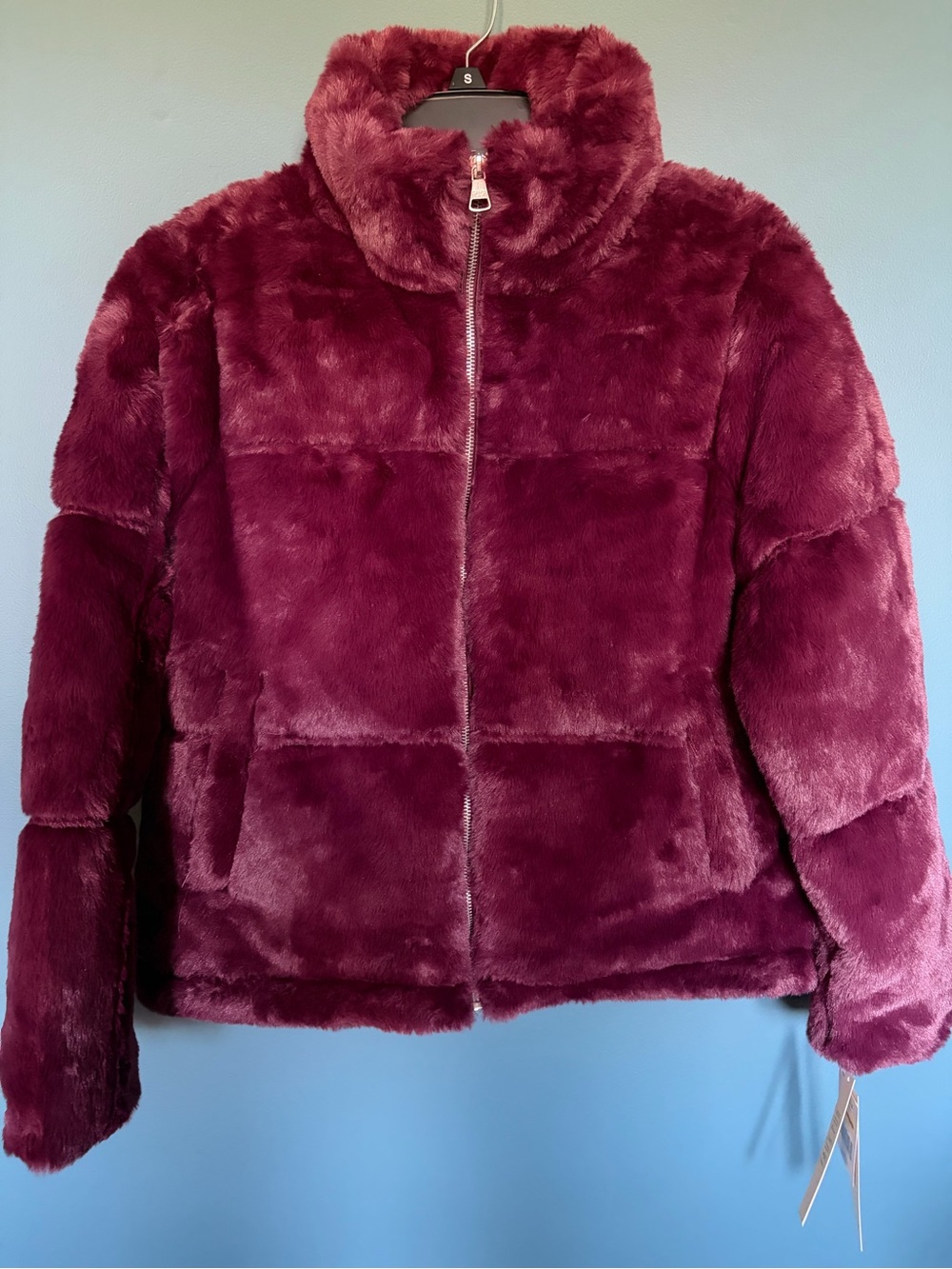 Plush Faux Fur Puffer Jacket - Burgundy Madden Girl NWT S/P